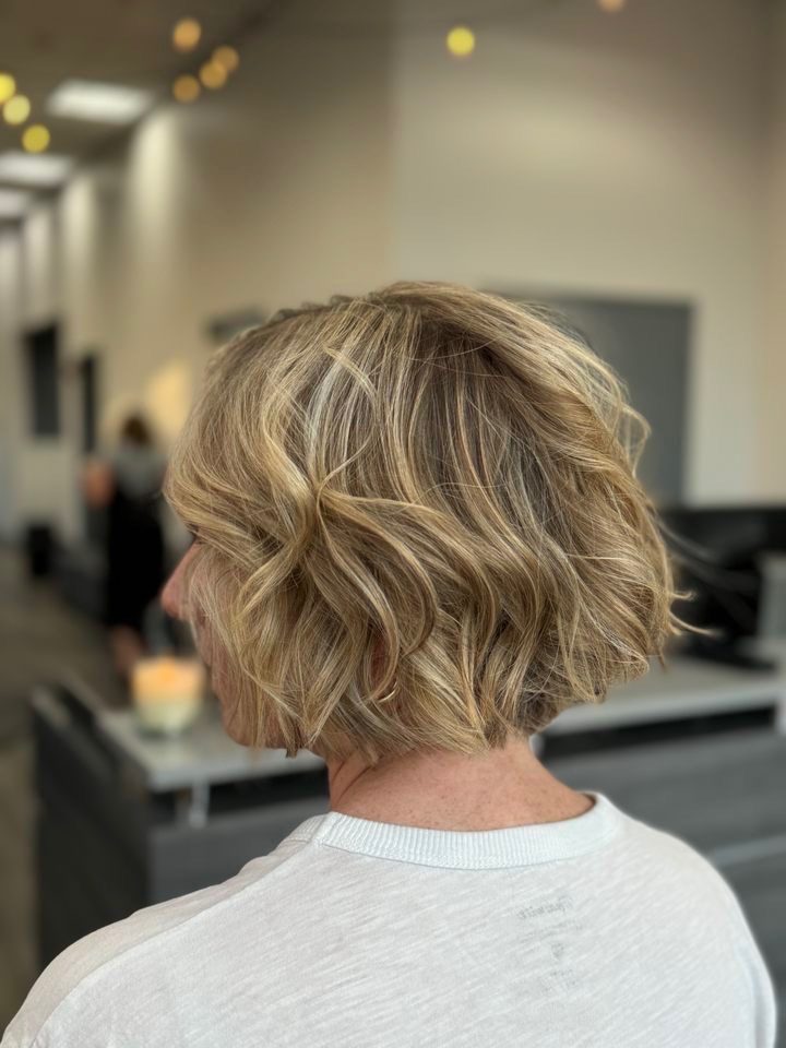Blonde highlighted textured bob at Essentials Salon, Warrington PA
